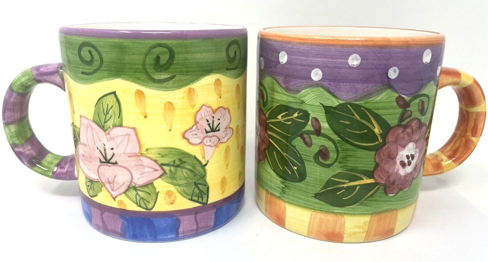 Set of 2 Milson & Louis Hand Painted Large 2-Cup Mugs Signed Flowers Stripes