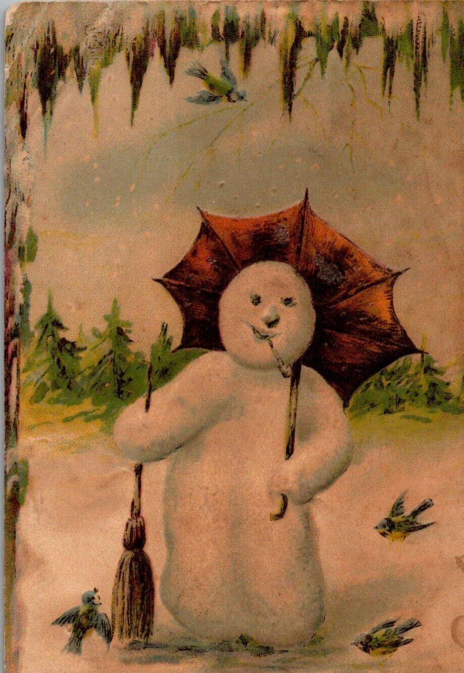 1903 GERMAN New Year Postcard Snowman Smokes Pipe Under Parasol Icicle Border