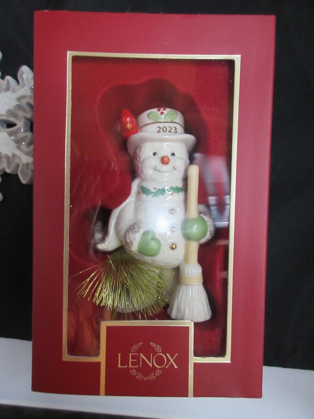 Lenox Snowman Ornament Annual Dated 2023 #894428 With Broom & Cardinal NIB
