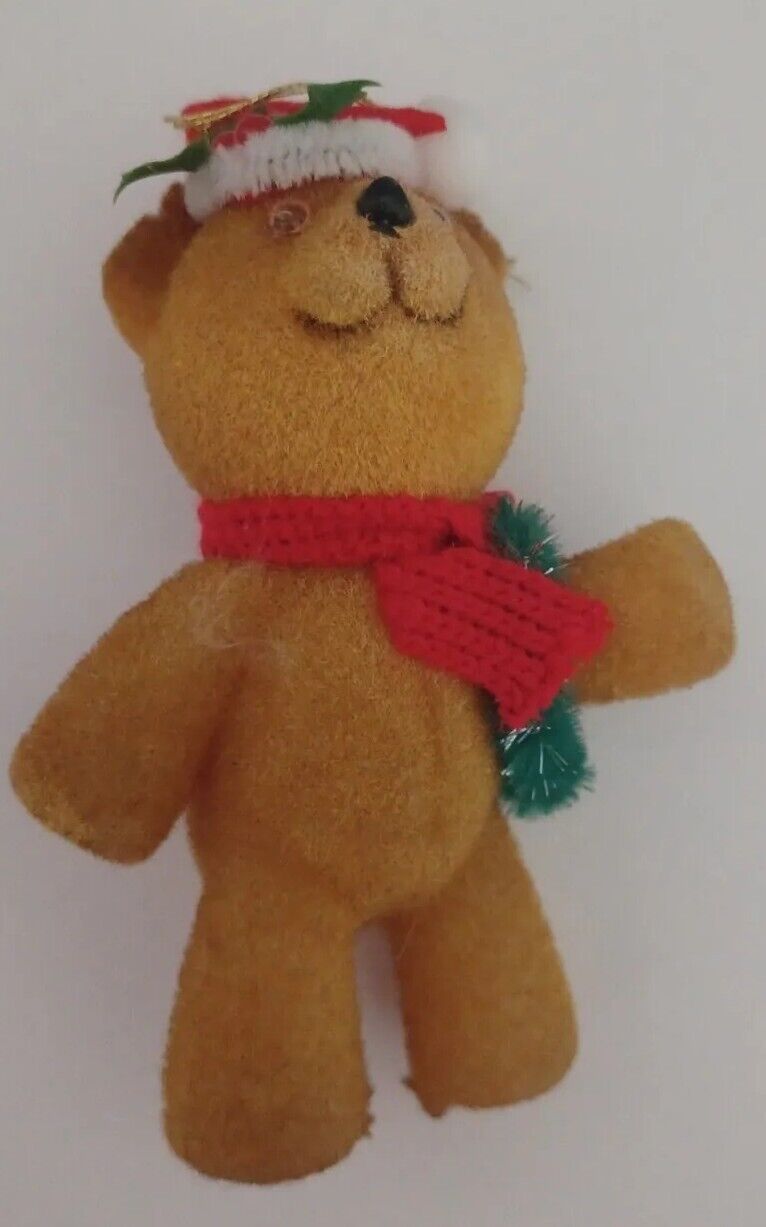 Vintage Flocked Fuzzy Teddy Bear Christmas Ornament 4\