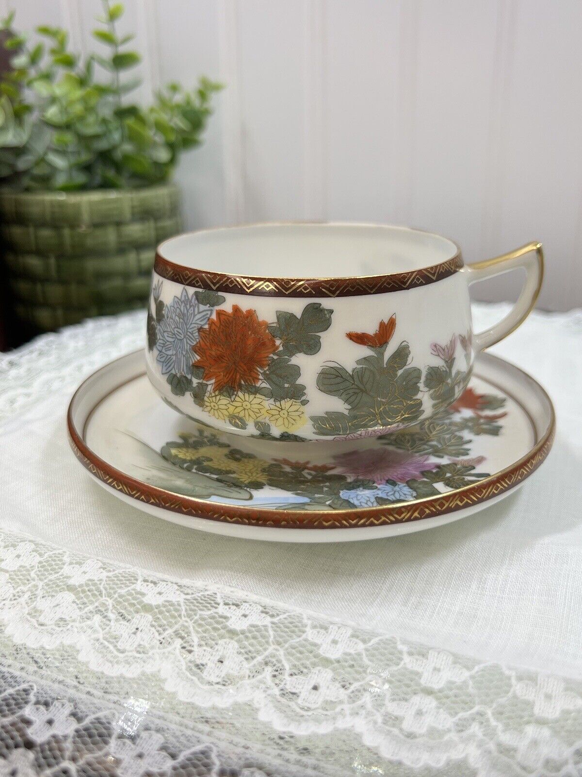 Vintage Kutani Floral Tea Cup And Saucer Set Eggshell Porcelain