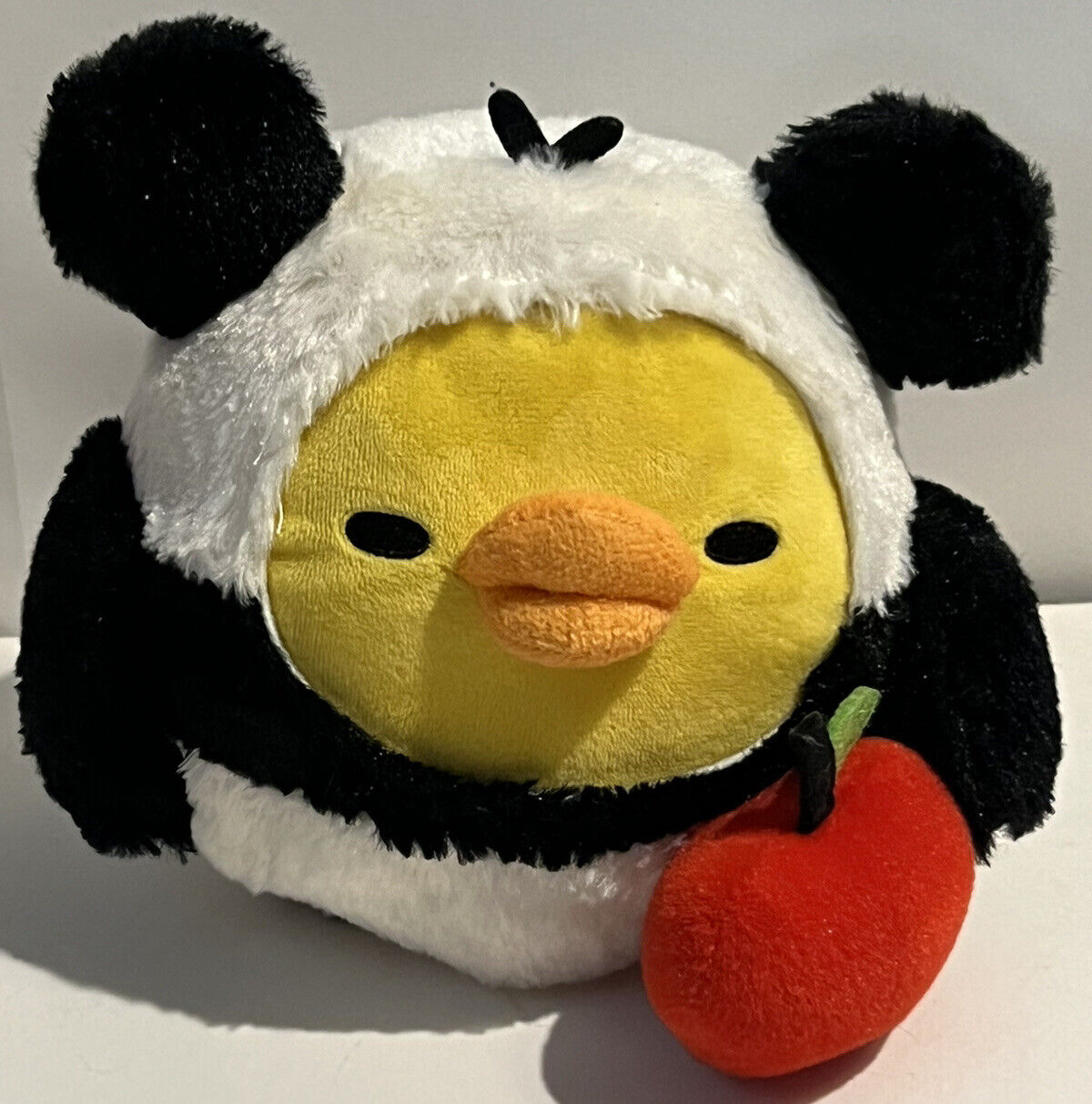 San-X Kiiroitori in Panda Costume Holding an Apple Plush 7” Toy Rilakkuma Duck
