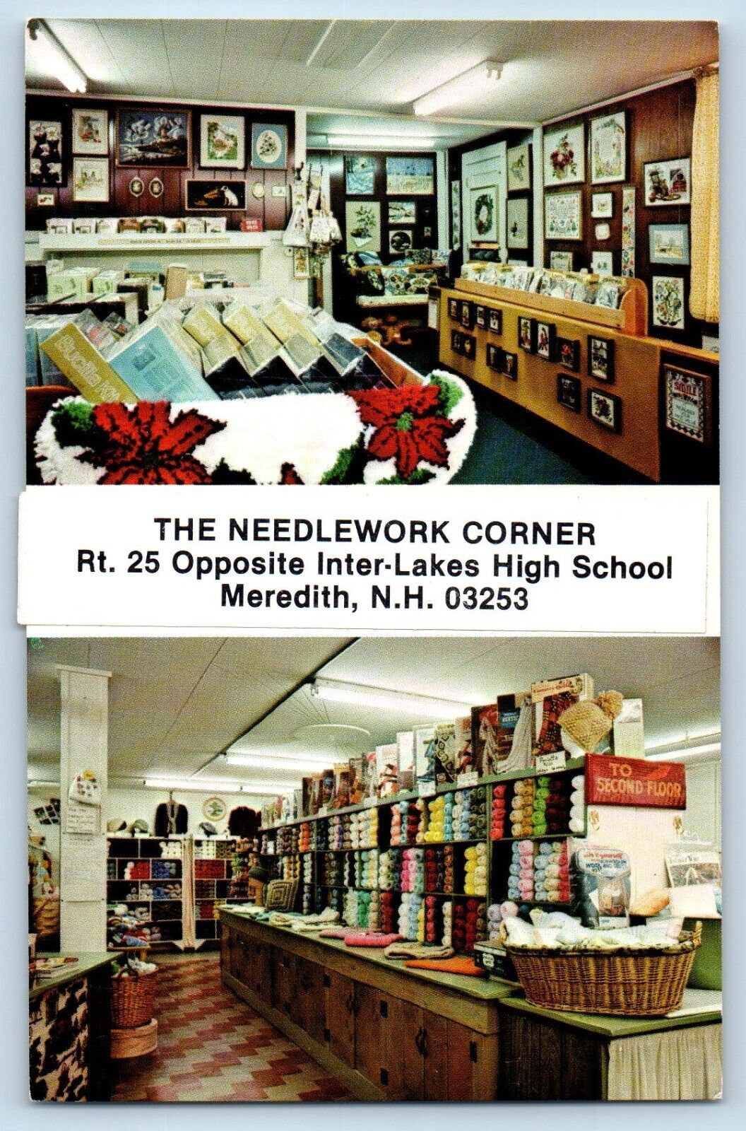 Meredith New Hampshire Postcard Needlework Corner Inter-Lakes High School c1960
