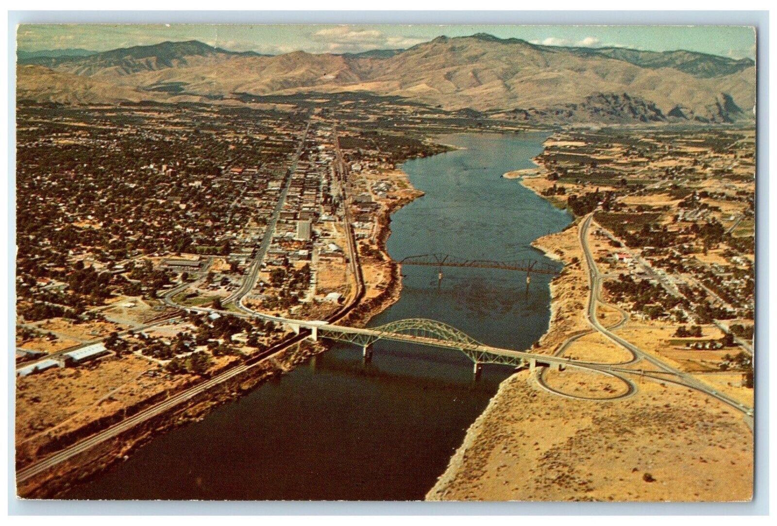 1974 Aerial View Of Wenatchee Washington And Columbia River Vintage Postcard