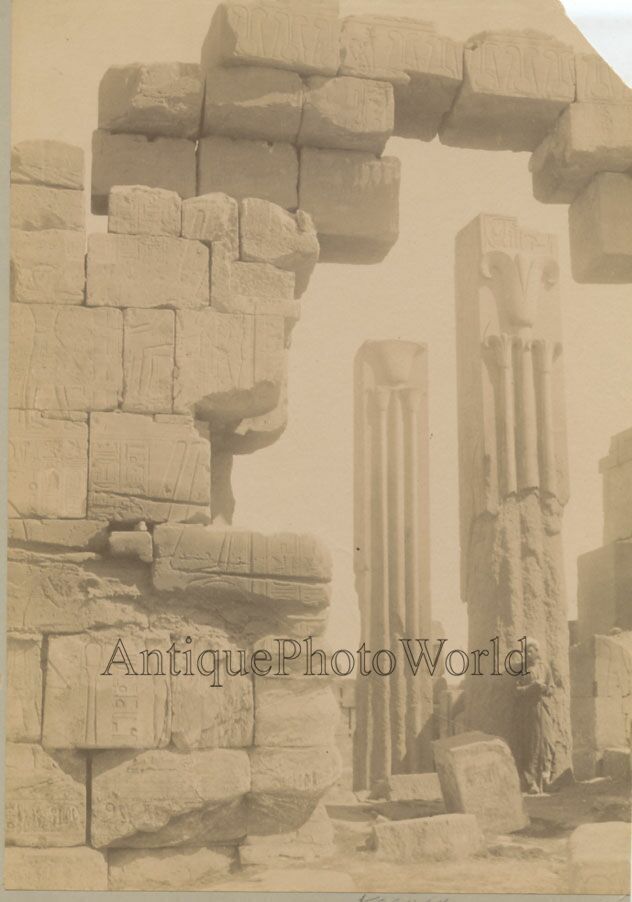 Egypt Karnak Arab man posing by ancient column ruins antique albumen photo