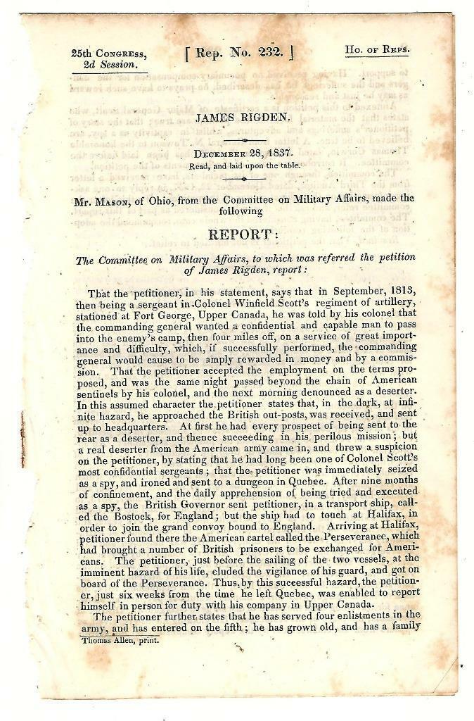 1837 Comte. Military Affairs: James Rigden Petition Pay As Spy War Of 1812