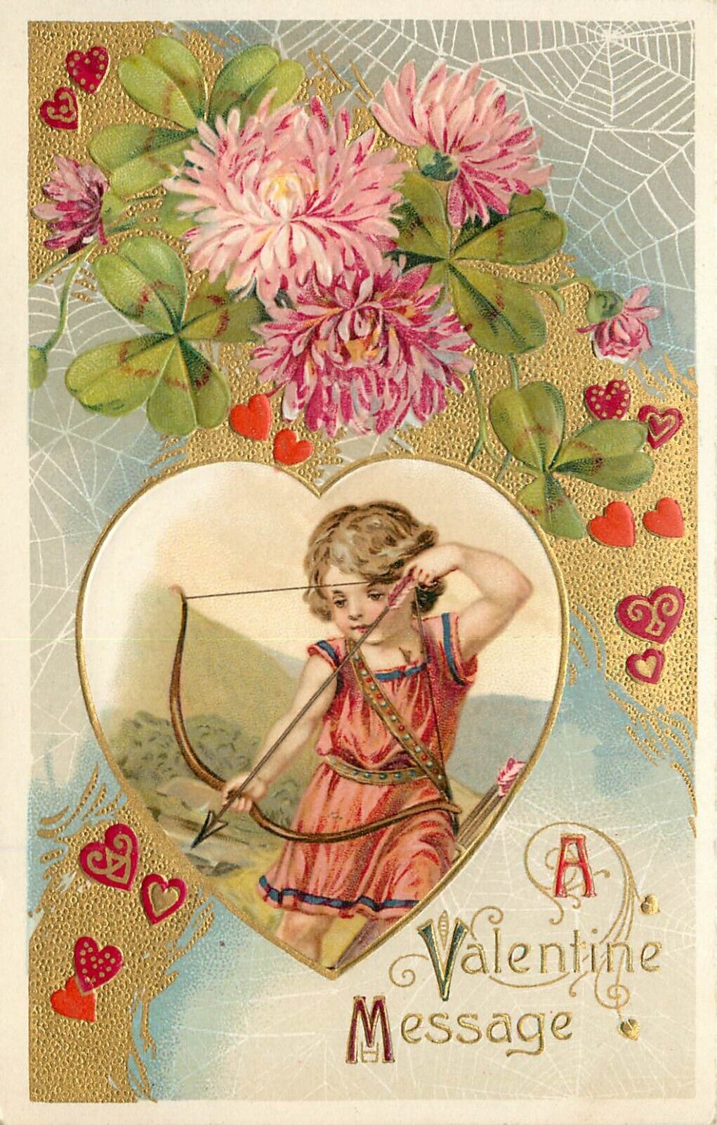 Winsch Schmucker Valentines Day Embossed Postcard Spider Webs Cupid Shoots Heart