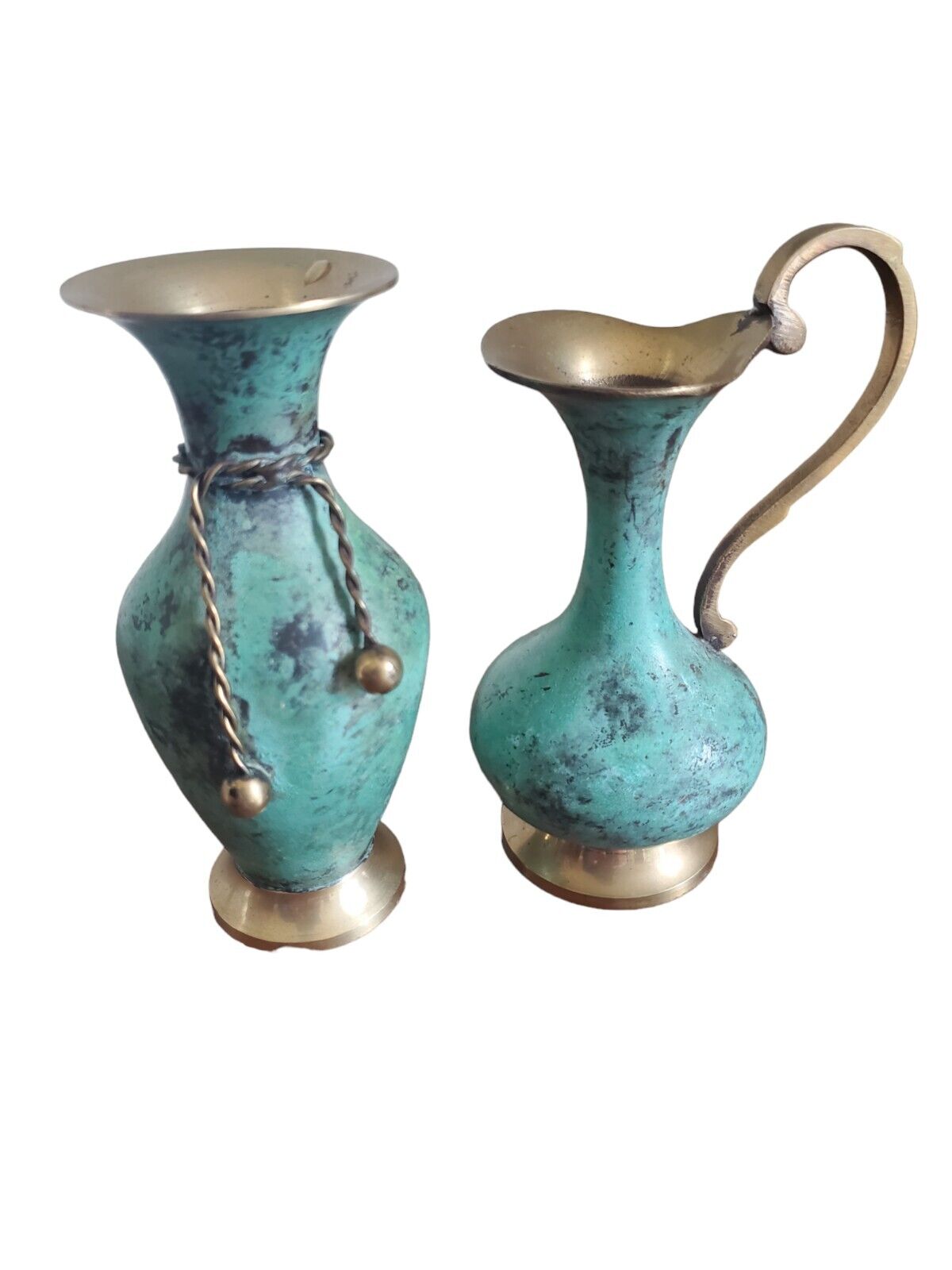 Vintage Solid Brass & Enamel Blue Mini Vase & Pitcher Made In India 5.5\