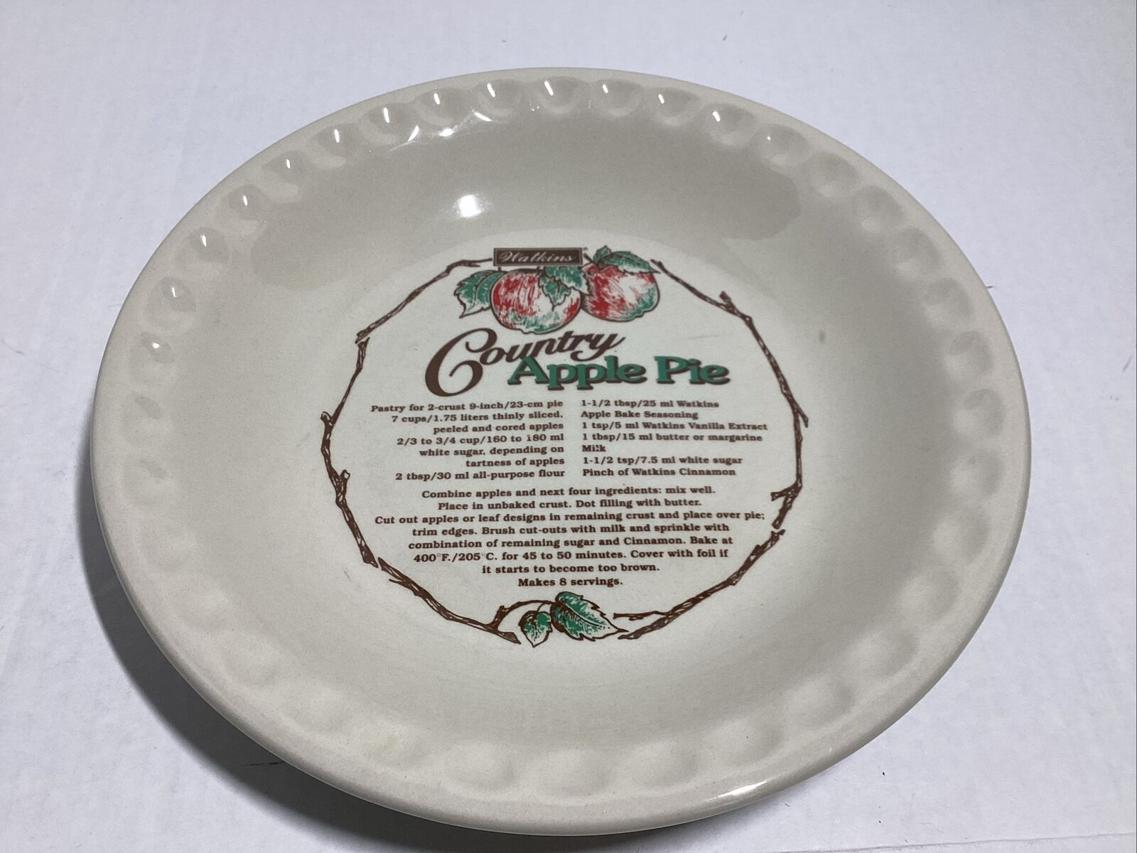 Vintage 1996 Watkins Country Apple Pie Plate 10 1/4” Recipe