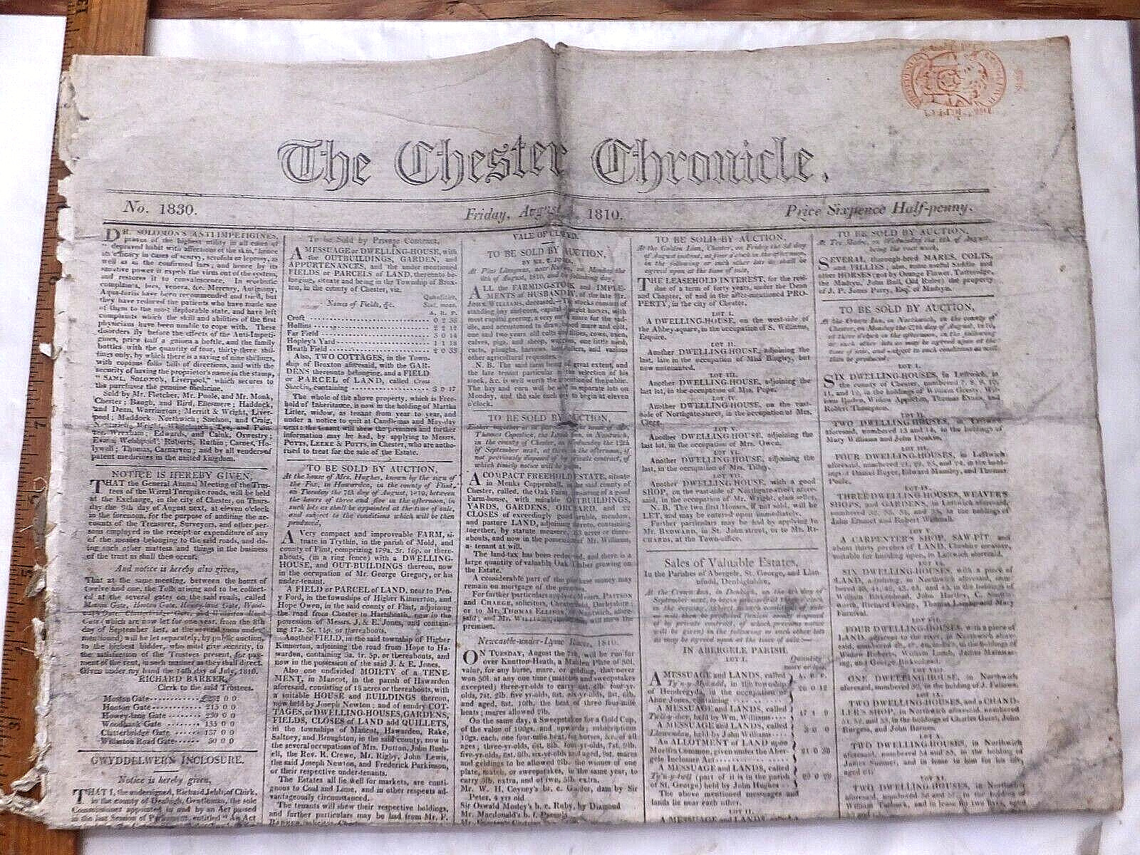 1810 Chester Chronicle Newspaper(UK). 4 Pages, Many Auction & Legal Ads.