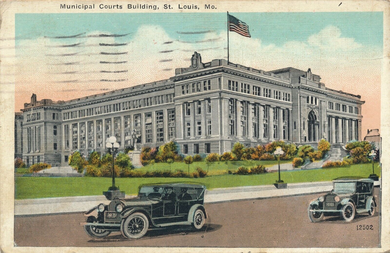 Municipal Courts Building in St. Louis, MO 1923 posted with cars postcard