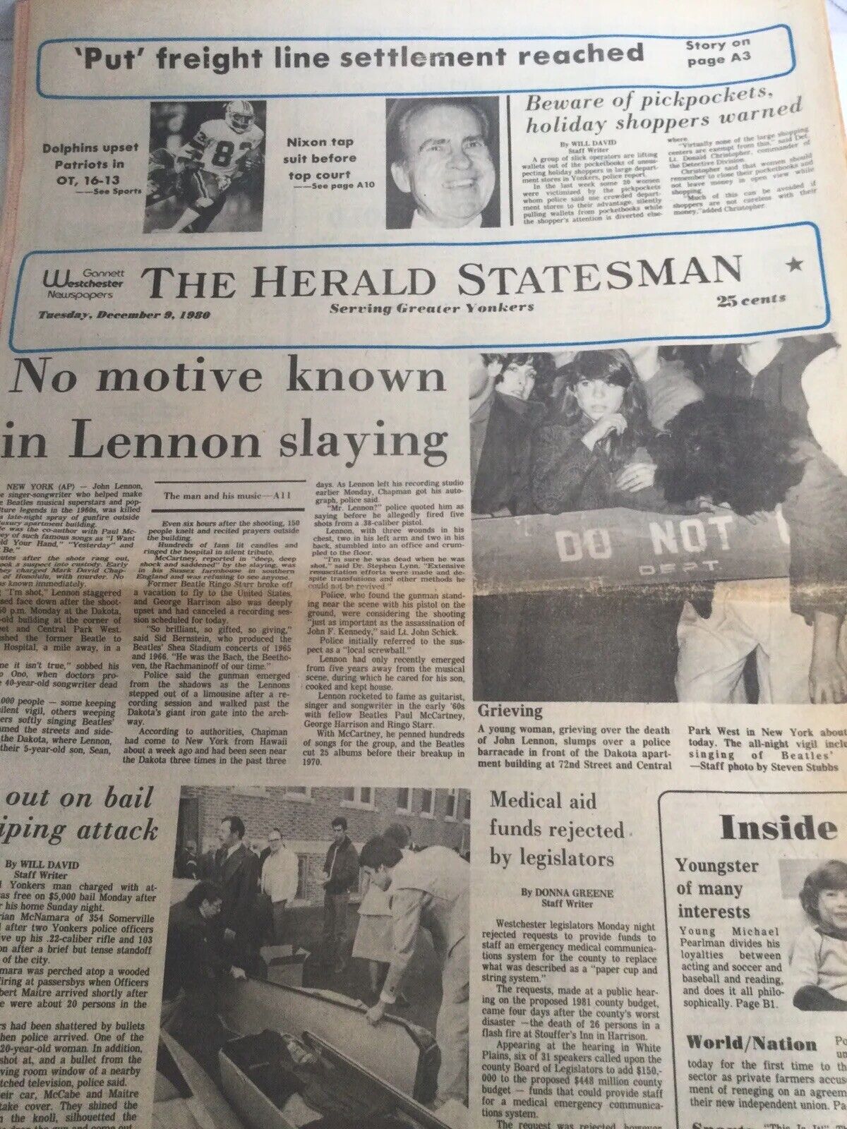 John Lennon’s Death December9 1980 The Herald Statesman Newspaper.