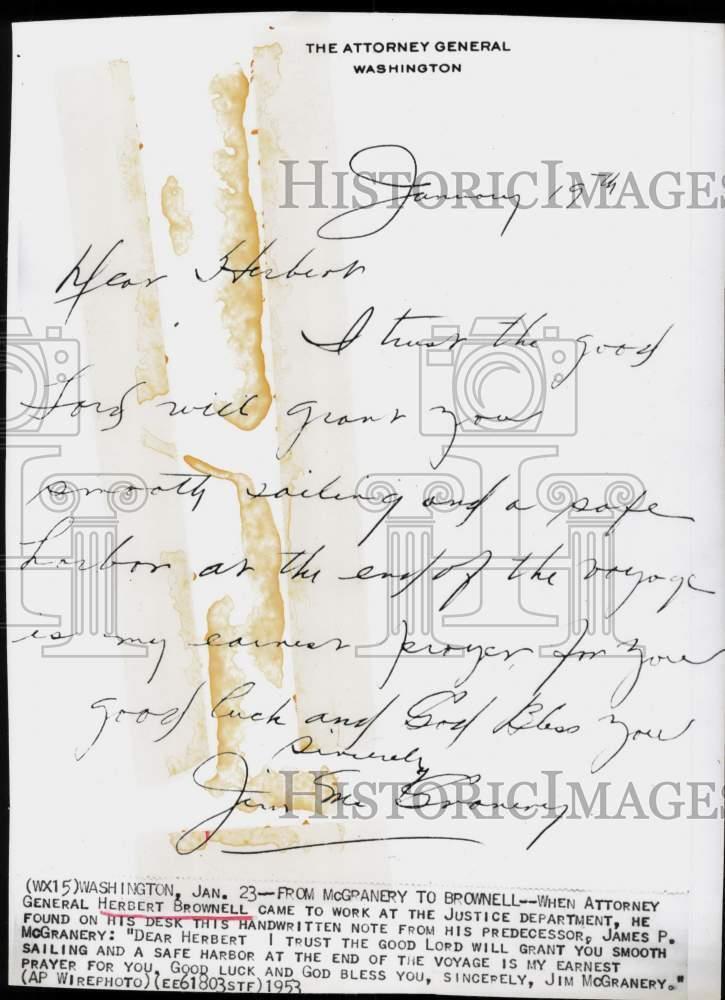 1953 Press Photo Handwritten note to Herbert Brownell from James McGranery.