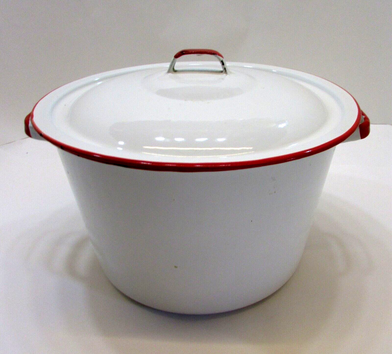 Primitive Old 20's 6x10 White w Red Trim Antique Enamelware Stock Pot Kettle Pan