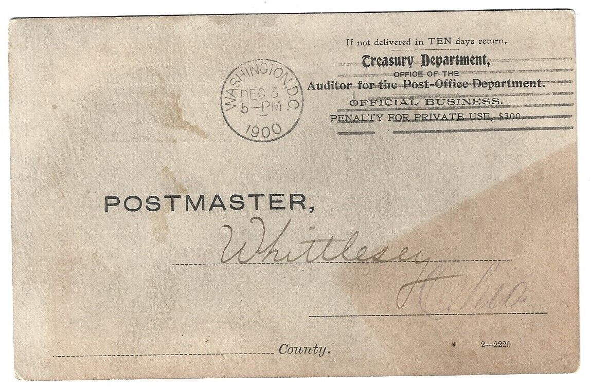 WASHINGTON DC Postcard POSTMASTER Whittlesey, OH/OHIO Treasury Dept. Audit 1900