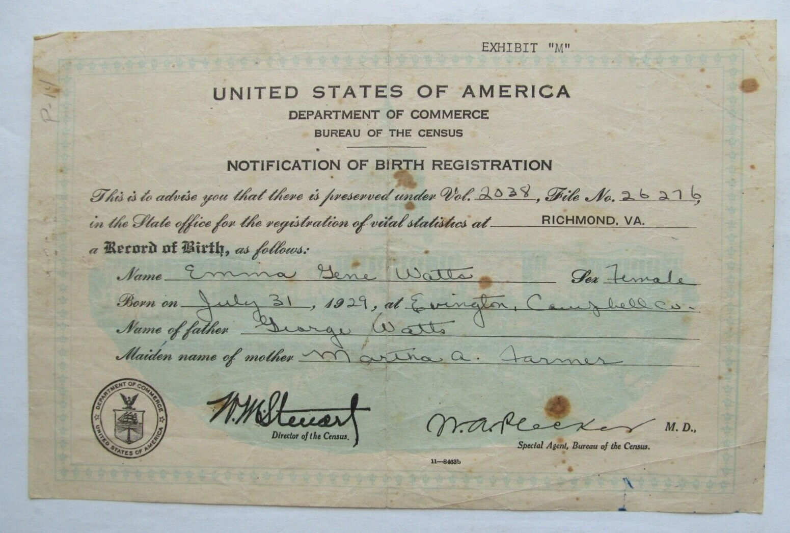 Census Bureau 1937 Notification of Birth Registration - Richmond Virginia