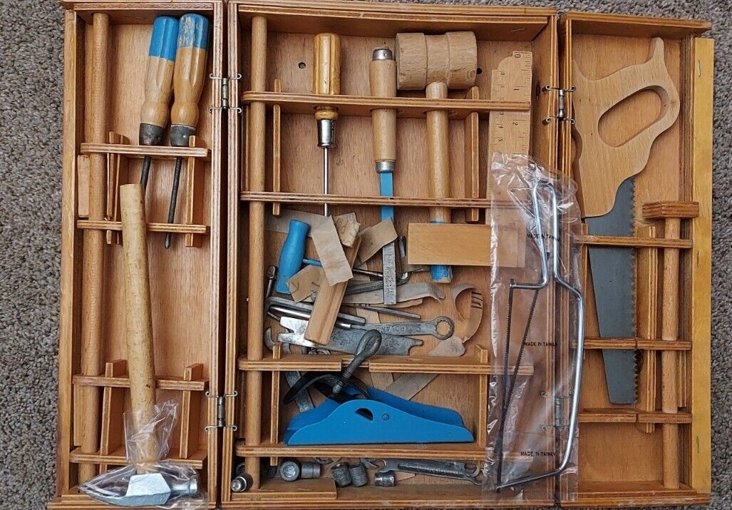 Vintage Children’s Tool Kit-Wooden Box with Handle Great Style Tools 