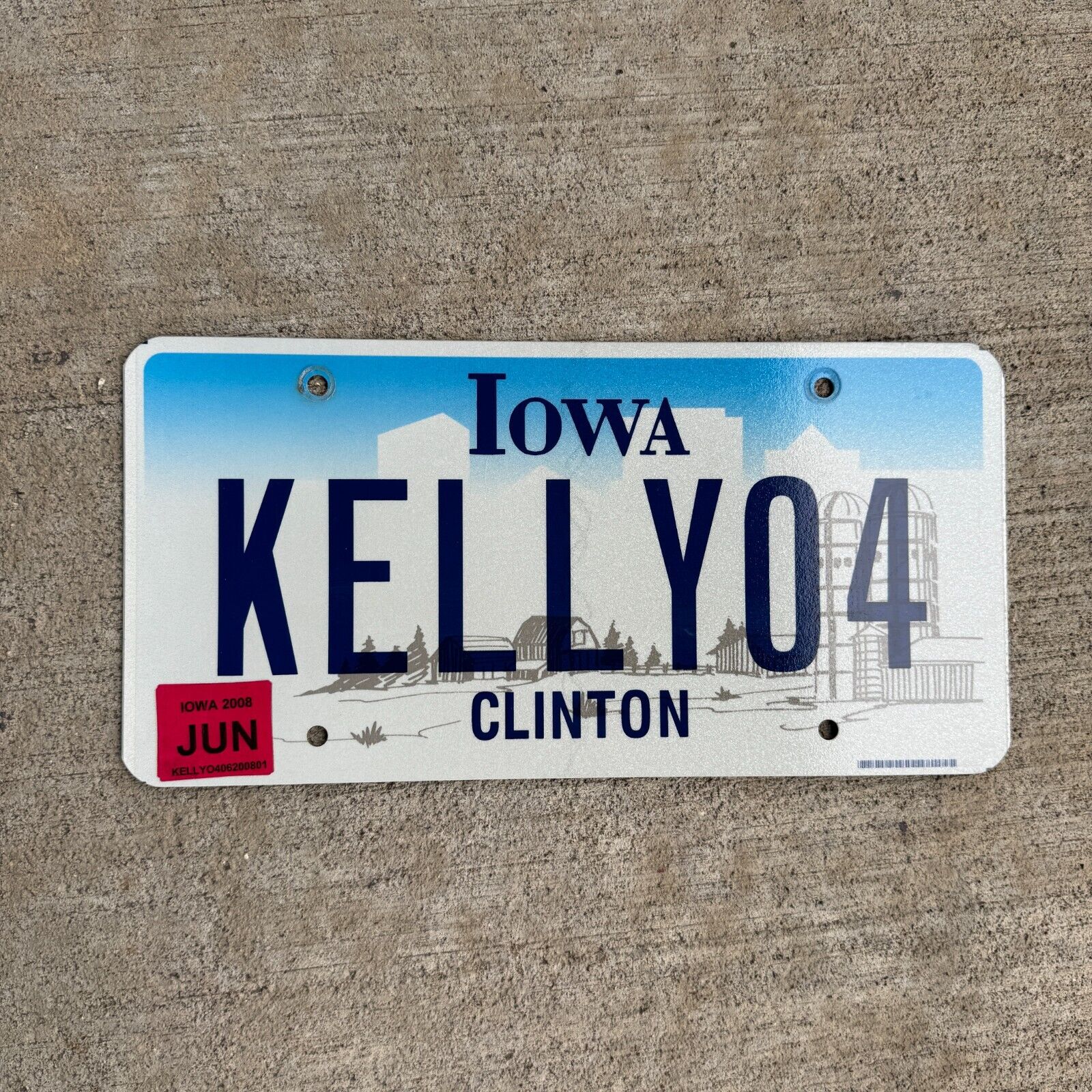 1998 Iowa Vanity License Plate Auto Garage Flat Clinton County Name KELLY 04