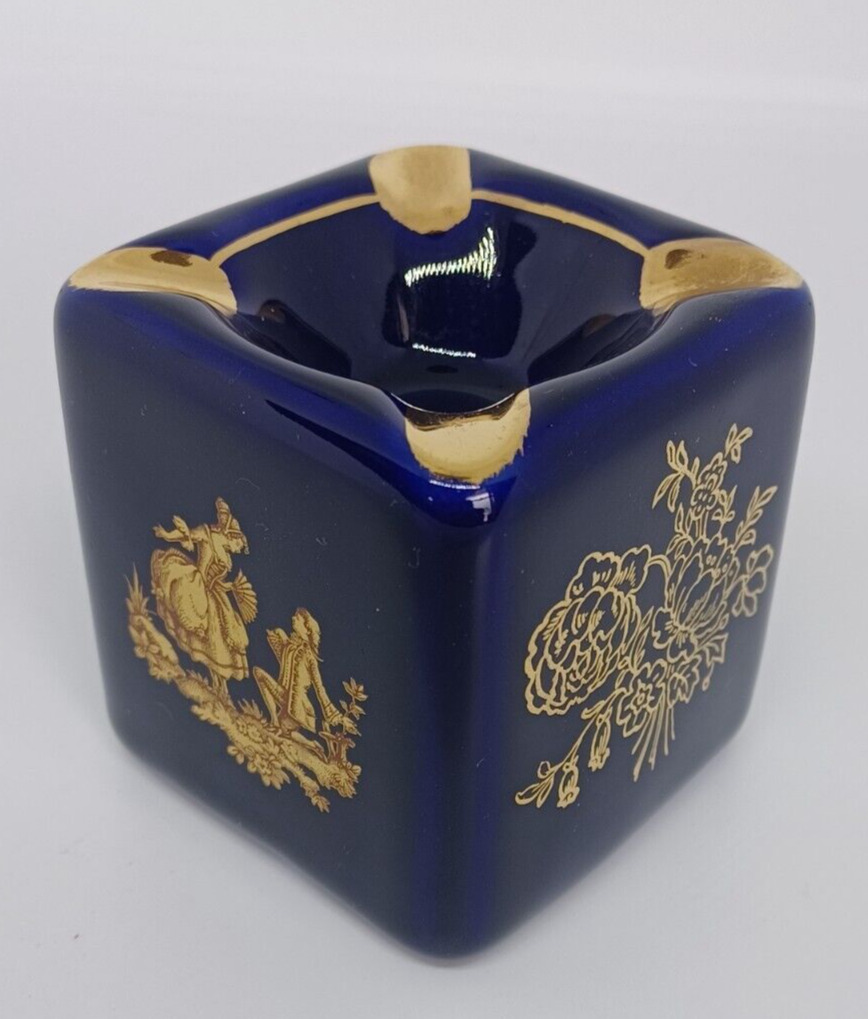 VTG Vintage Limoges Castel France Porcelain Gold Cobalt Blue Square Cube Ashtray