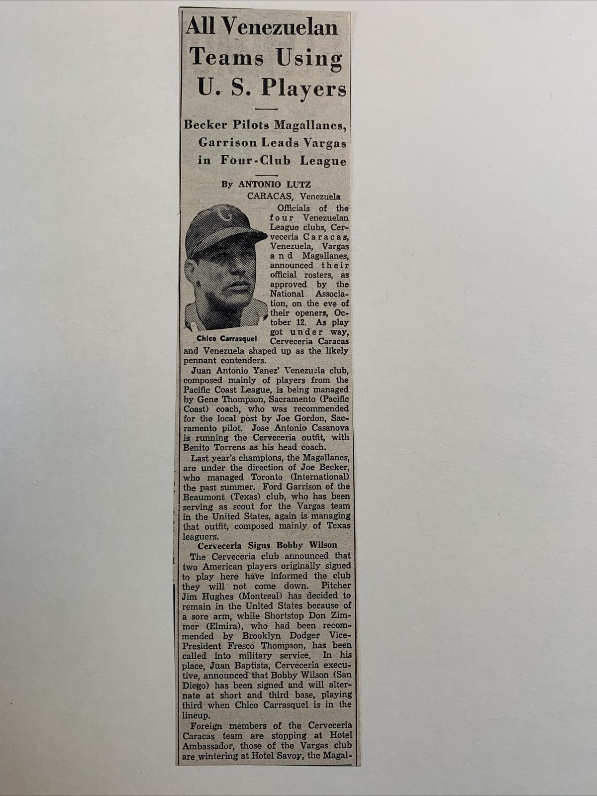 Chico Carrasquel Venezuela Cerveceria 1951 Sporting News Baseball 2X9 Panel