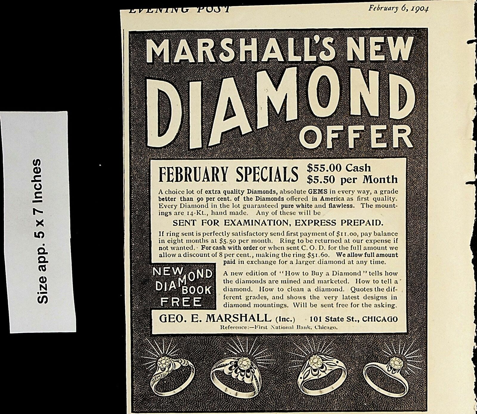 1904 Marshall\'s New Diamond Offer Ring Jewelry Vintage Print Ad 5097