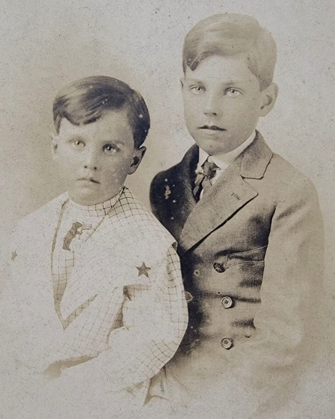 Antique Photograph Portrait Two Young Brothers In Suits Sepia Vandalia, Illinois
