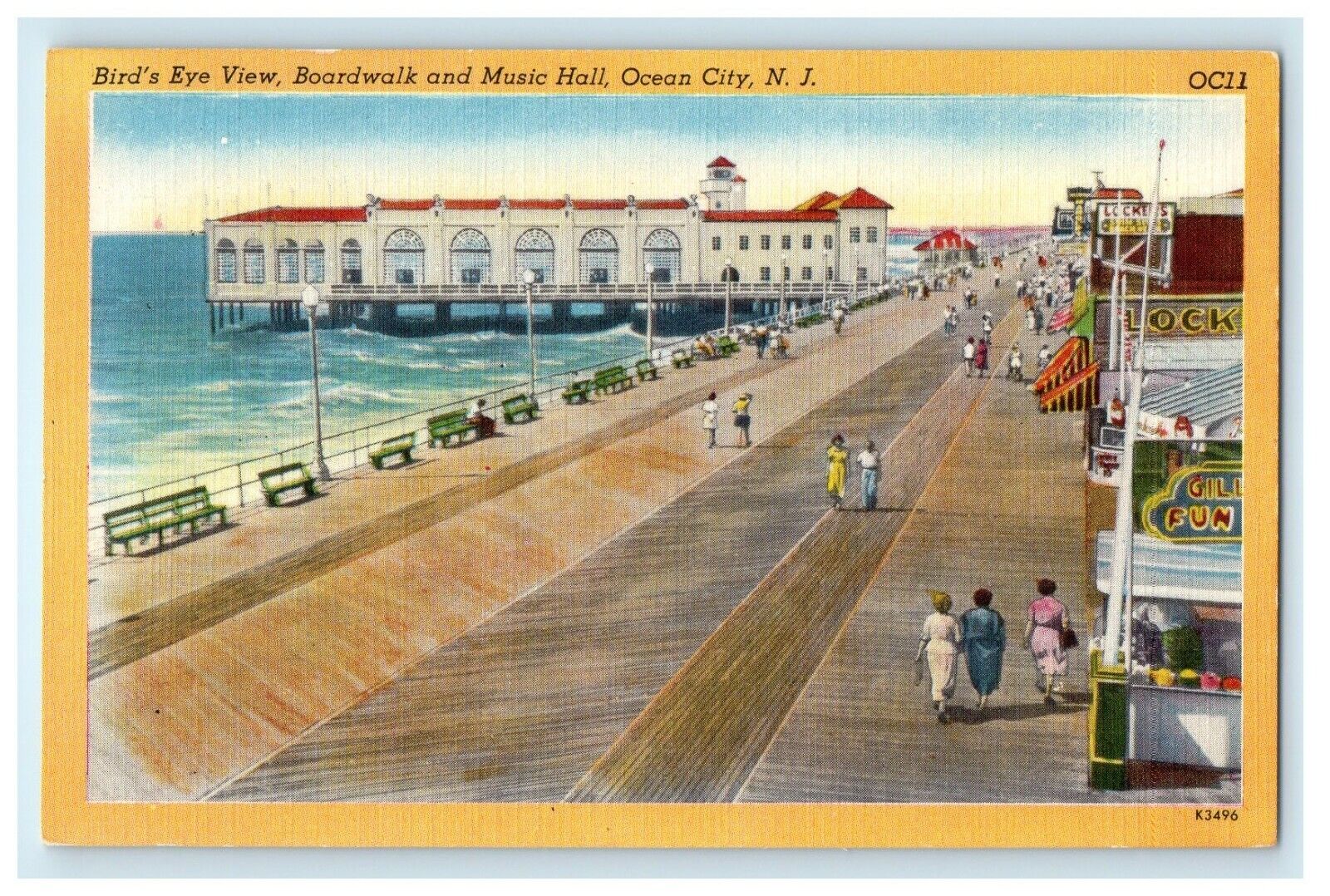 1937 Aerial View, Boardwalk and Music Hall, Ocean City, New Jersey NJ Postcard