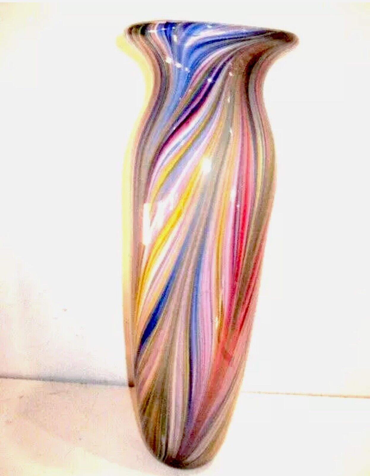 Vintage Murano 1996 Art Glass Vase Multi Color Rainbow genuine Rare Italy 18”