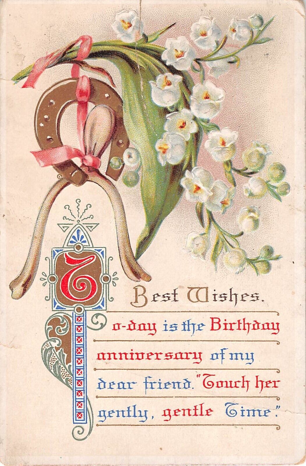 1922 Birthday Postcard of a Horseshoe, Wishbone, & Lovely Lily of the Valley