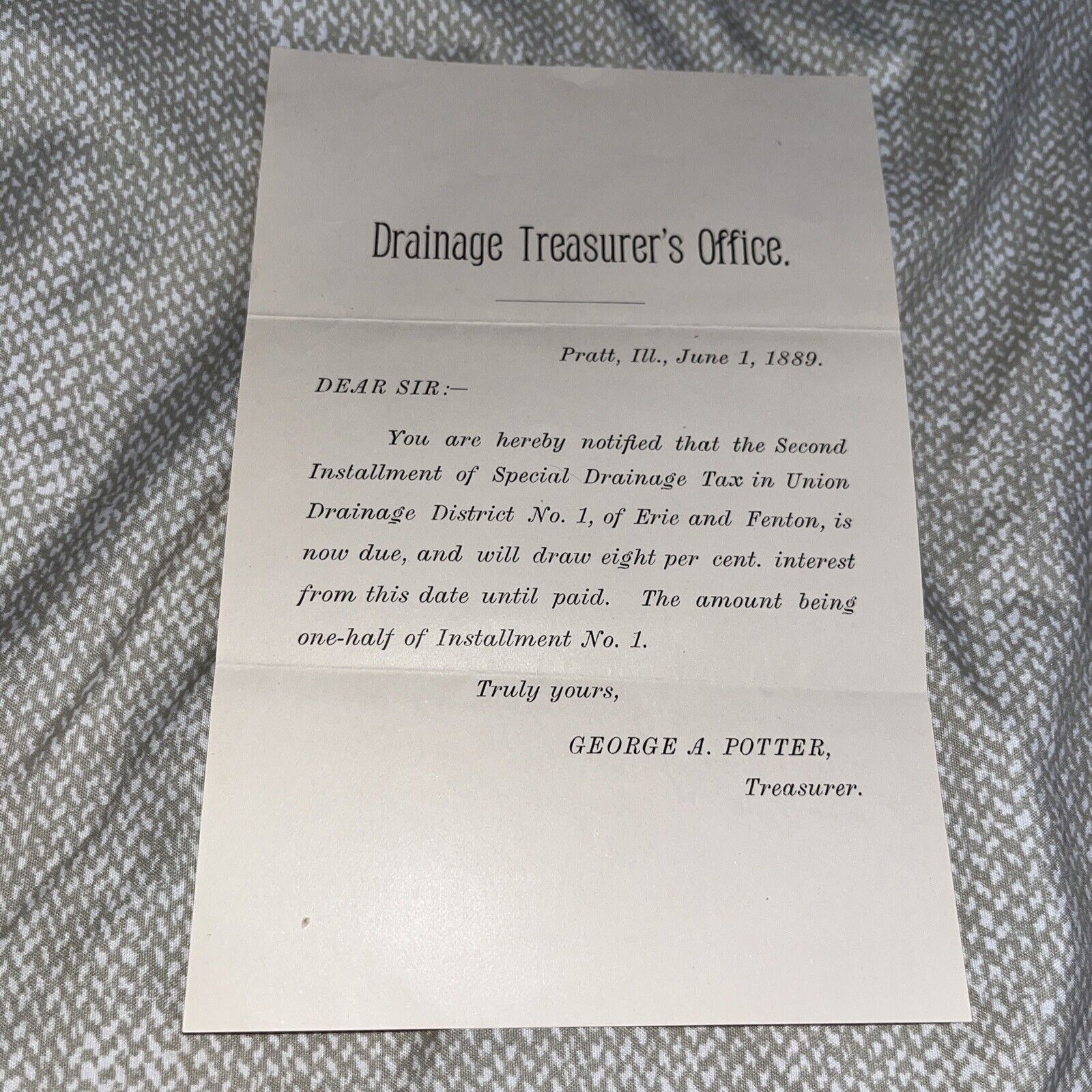 1889 Antique Drainage Tax Installment Notification: Pratt Erie / Fenton Illinois