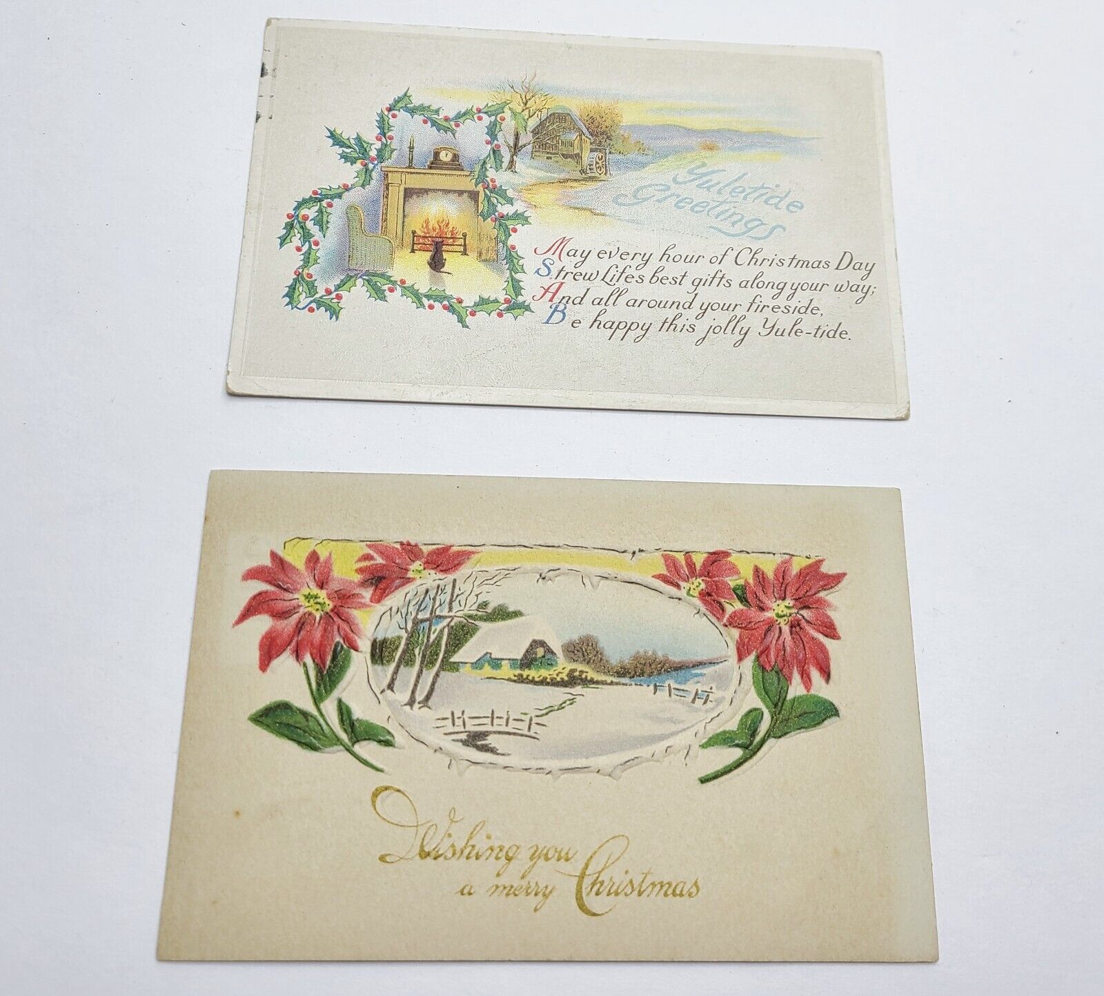 2 Antique Christmas Postcards -  Postmarked 1917 and 1918 - Embossed Scenes