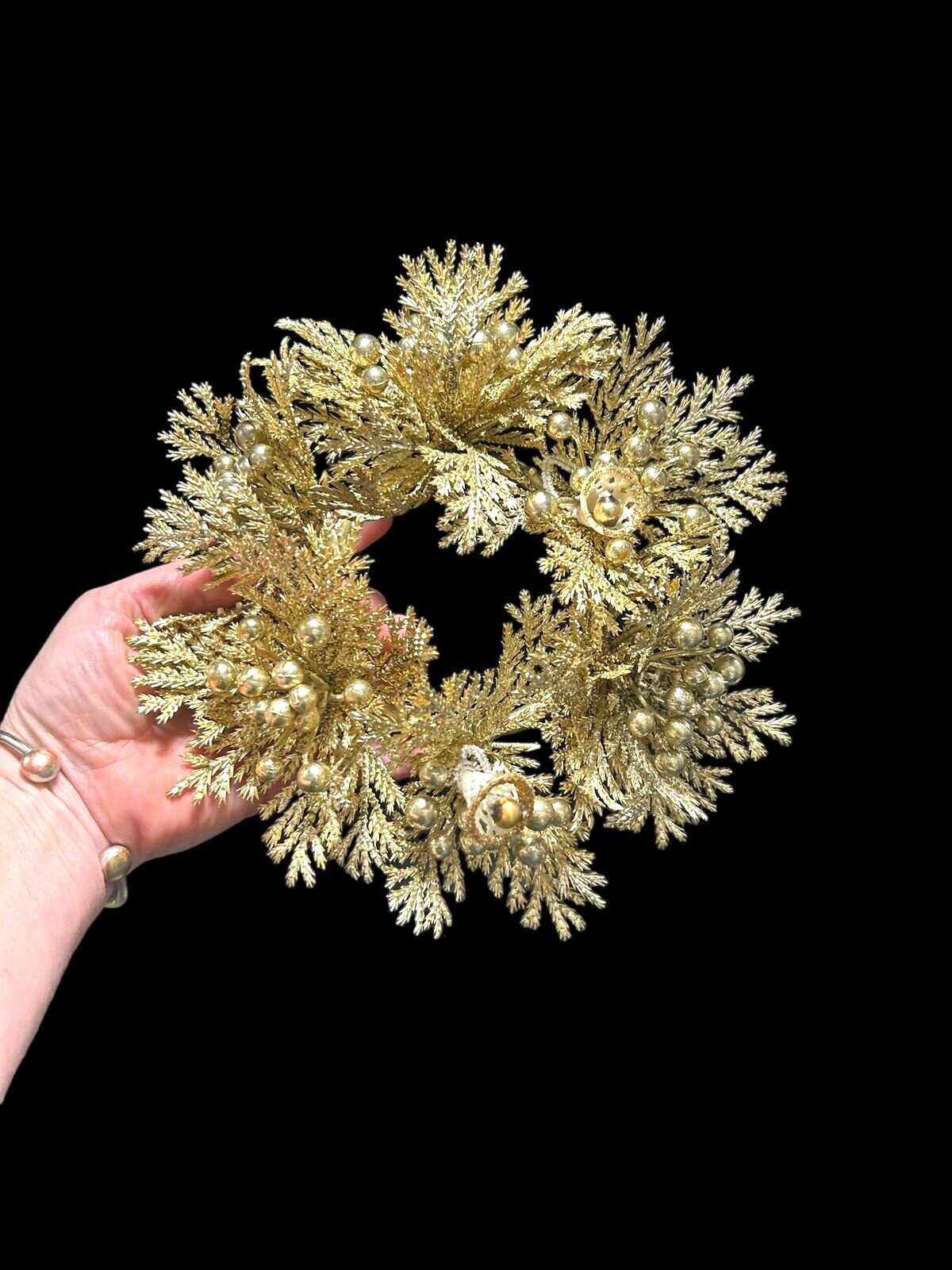 Vintage Plastic Gold Leaf Holly Berry & Bells Christmas Candle Wreath 8-9\