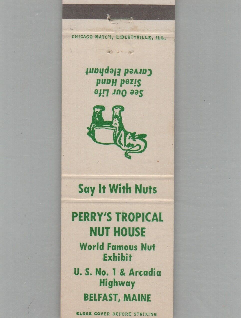 Matchbook Cover - Elephant Perry\'s Tropical Nut House Belfast, ME