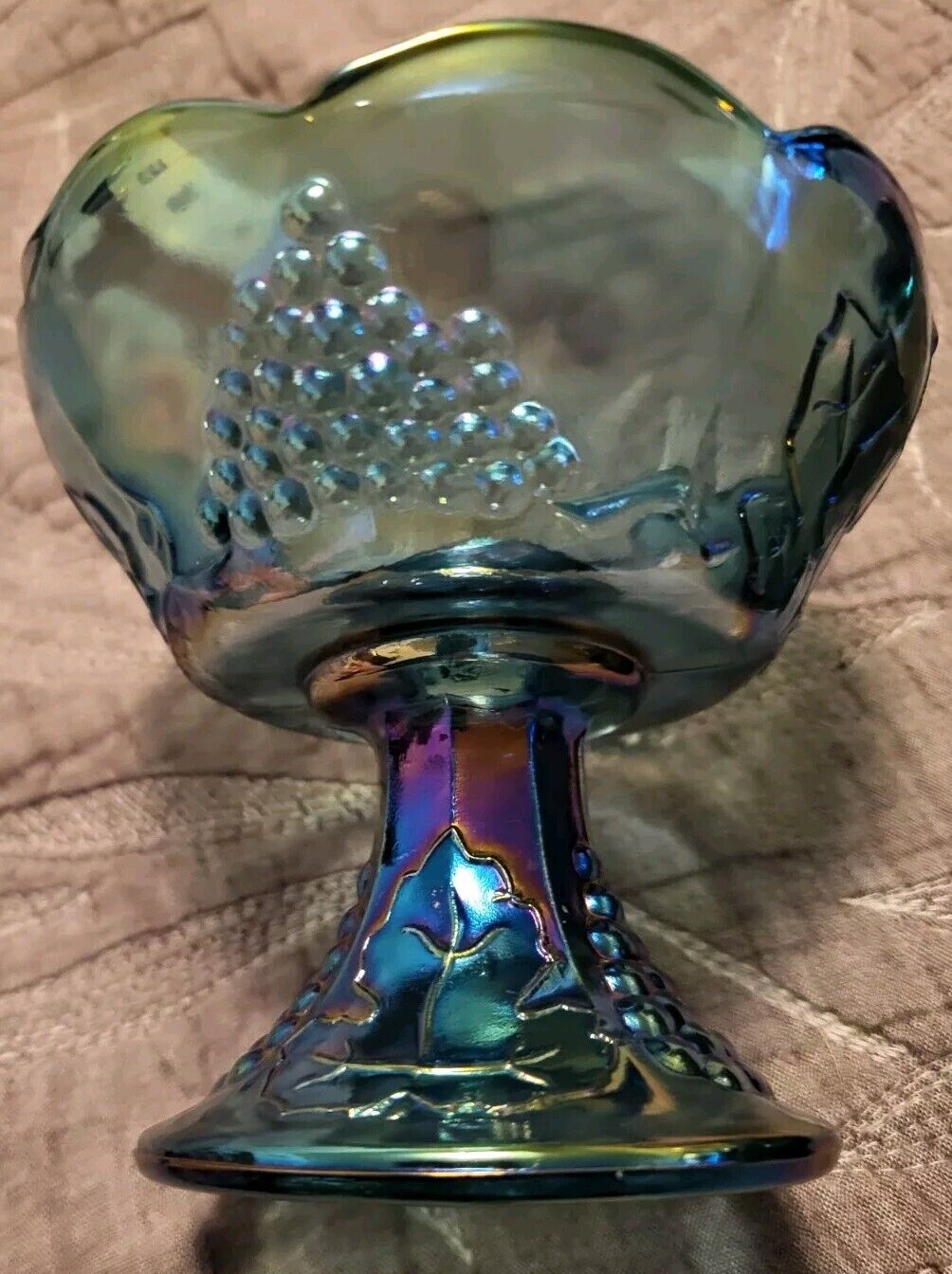 Vintage Indiana Blue Carnival Glass Harvest Grape Pedestal Compote Candle Bowl