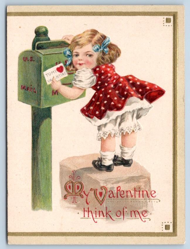 VALENTINE CARD 1920-30\'s ERA GIRL AT MAILBOX I LOVE THEE THINK OF ME GERMANY