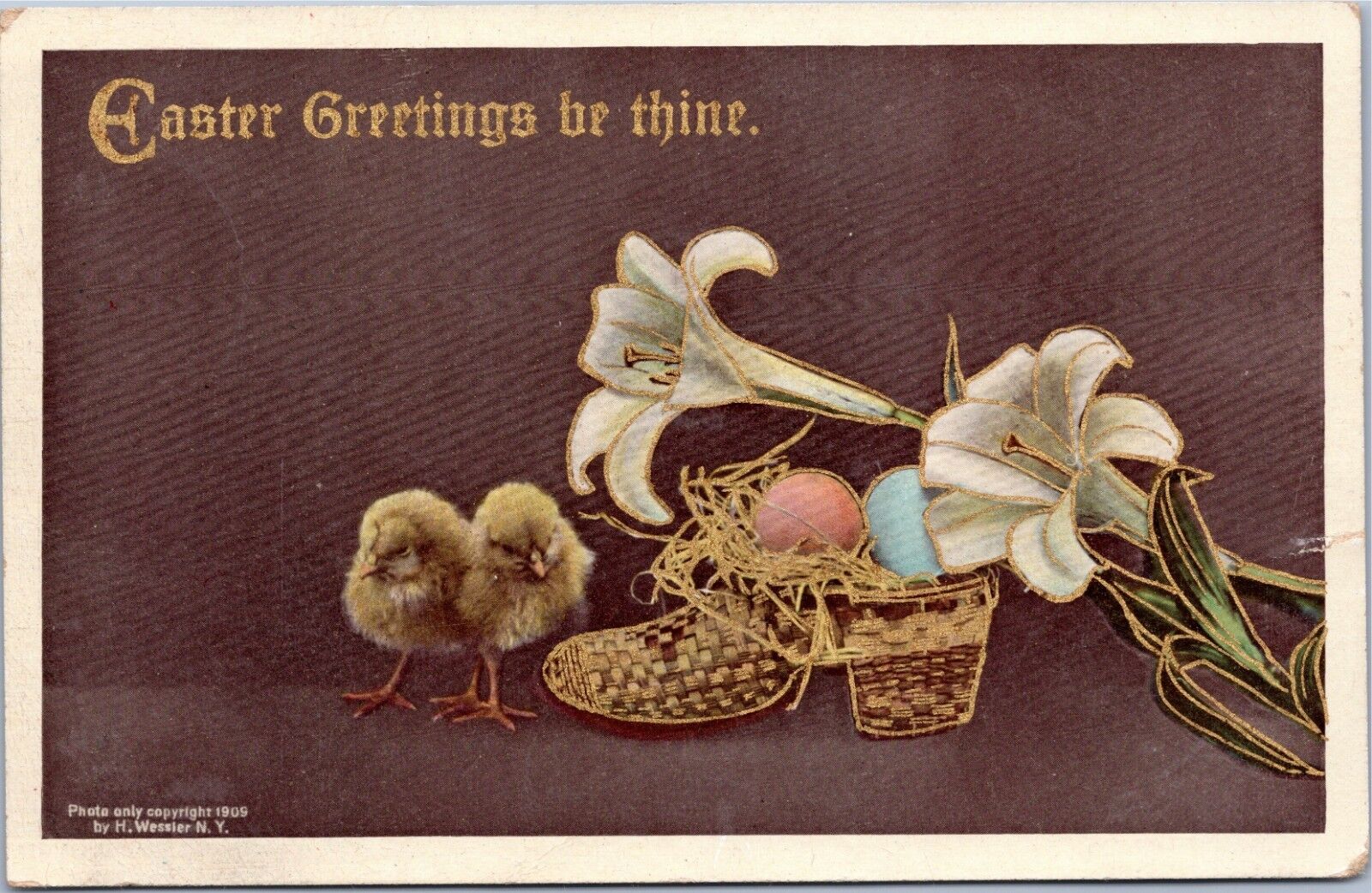 Easter Greetings be thine - chics with lillies eggs in shoe - 1913 Story City IA