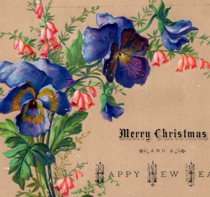 1880s-90s Embossed Victorian Christmas & New Year\'s Card Lovely Pansies #6D