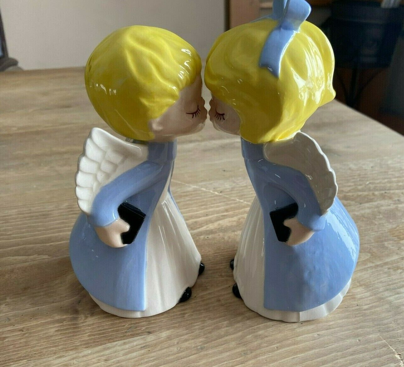 Vintage Large Kissing Angels Ceramic Pair Blonde with Blue Robes 7 1/2\