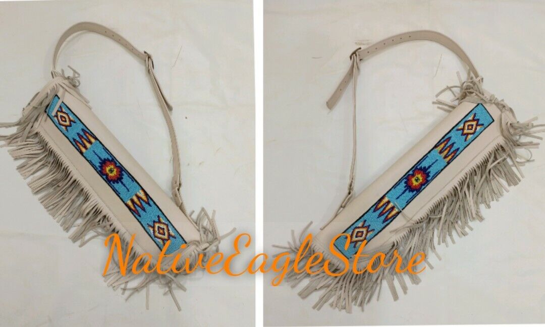 Handmade Old American Lakota Style Beaded Leather Hide Arrow Quiver Sheath NQV36