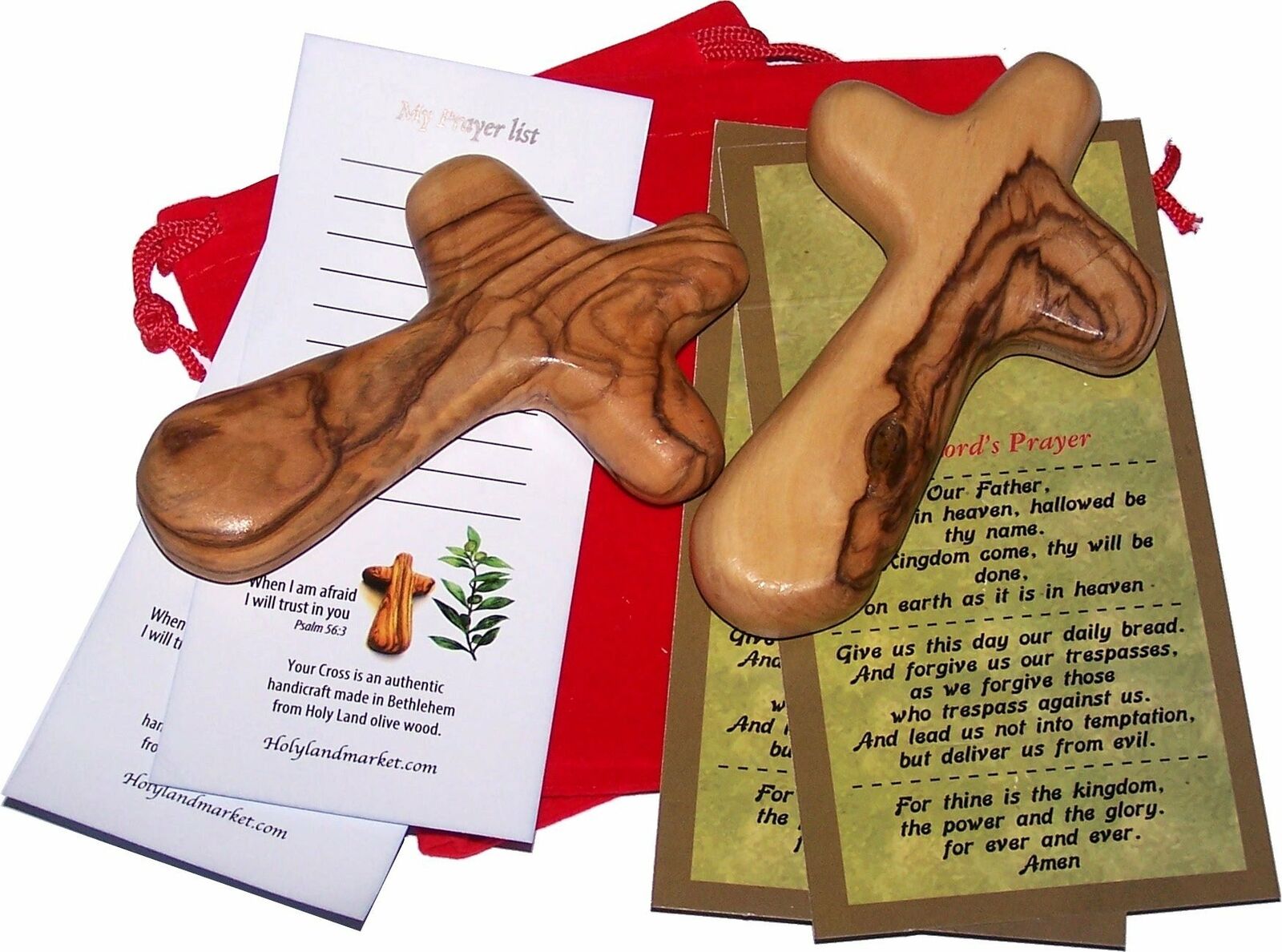 2 Olive Wood Holding Crosses comes with Velvet Bag & Certificate