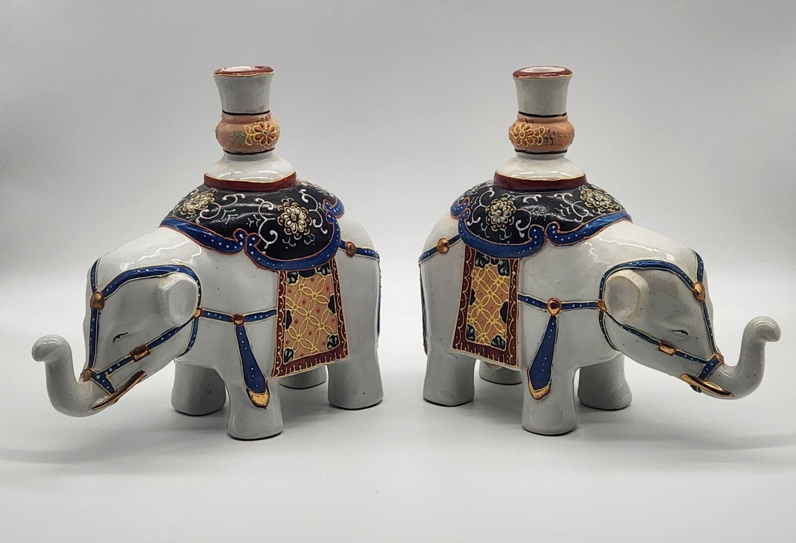 2 Vintage Sadek Porcelain Elephant Statue Figurine Candlestick Holder ~ 8\