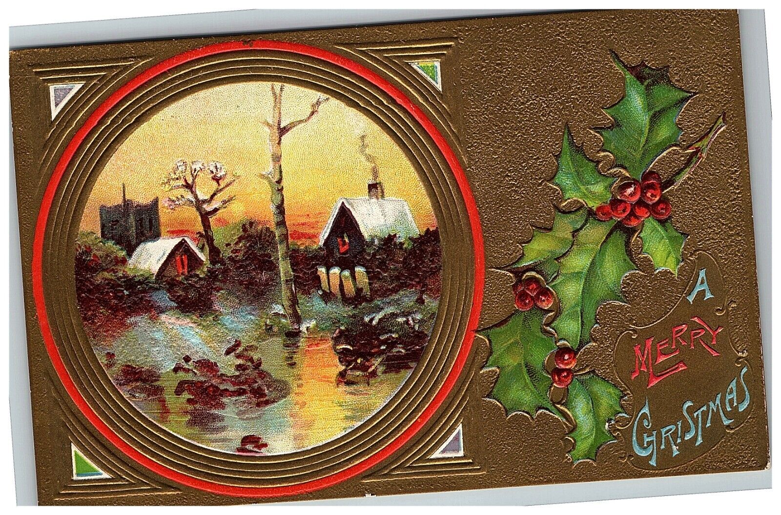 1907-15 Postcard A Merry Christmas Winter Scene Embossed Holly Berry