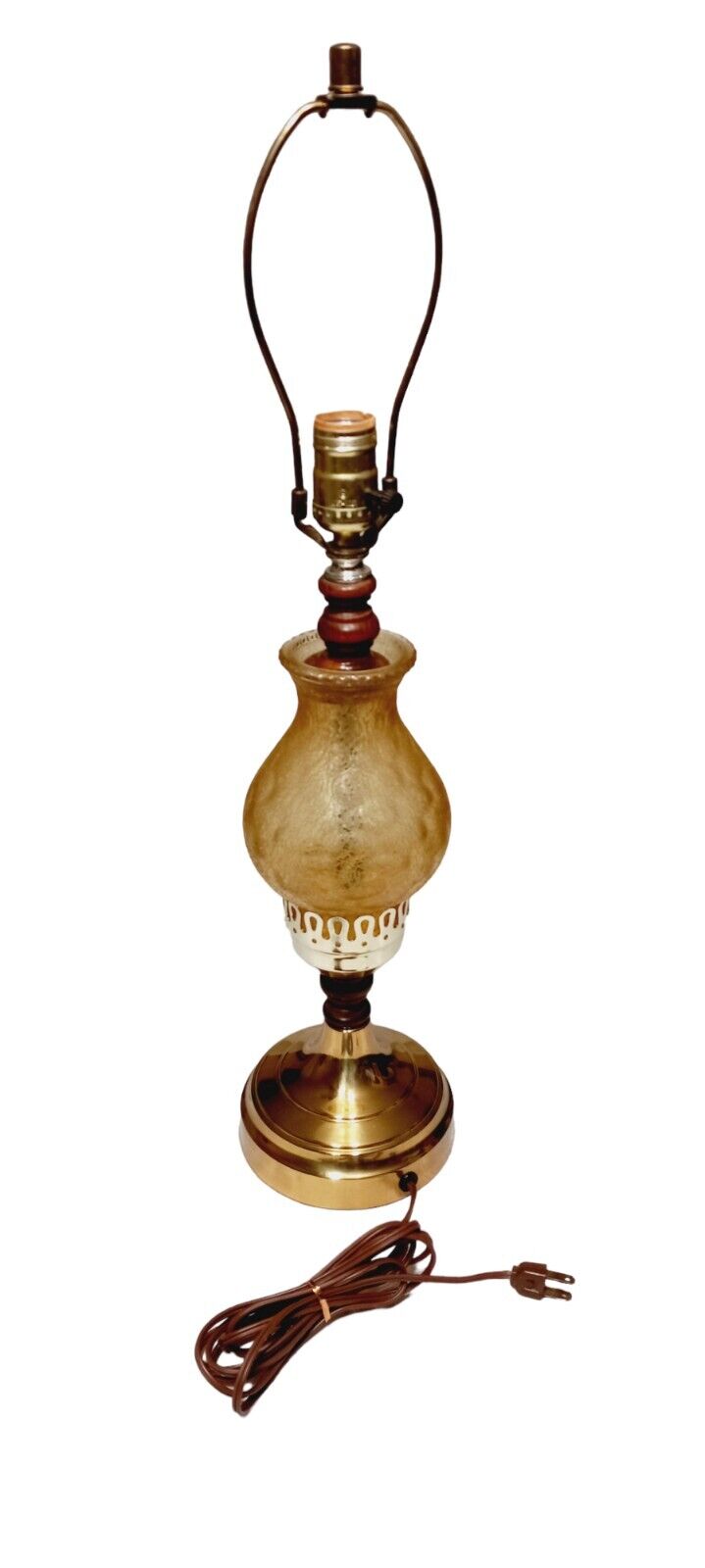 Vtg Table Lamp Brass Hobnail Crackled Hurricane Glass & wood 25\