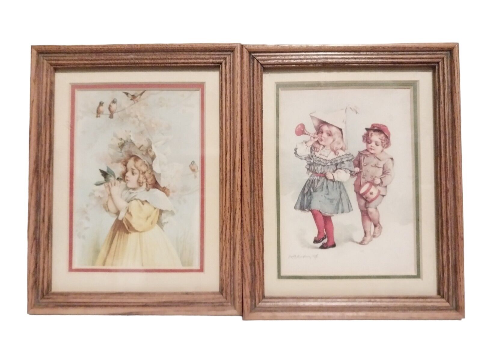2 Vtg Maud Humphrey Wood Framed Prints Girl w/Birds & Children Parade Victorian