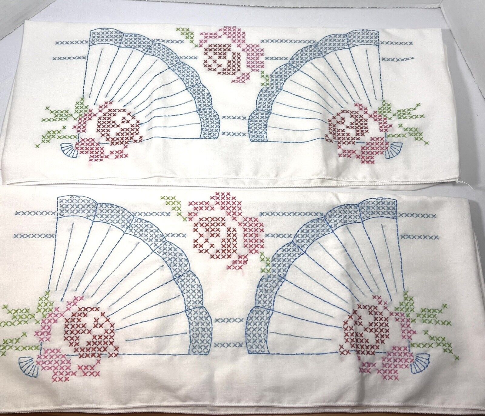 Vintage Cottagecore Estate Pillow Cases, Hand Sewn Cross Stitch Floral Fan