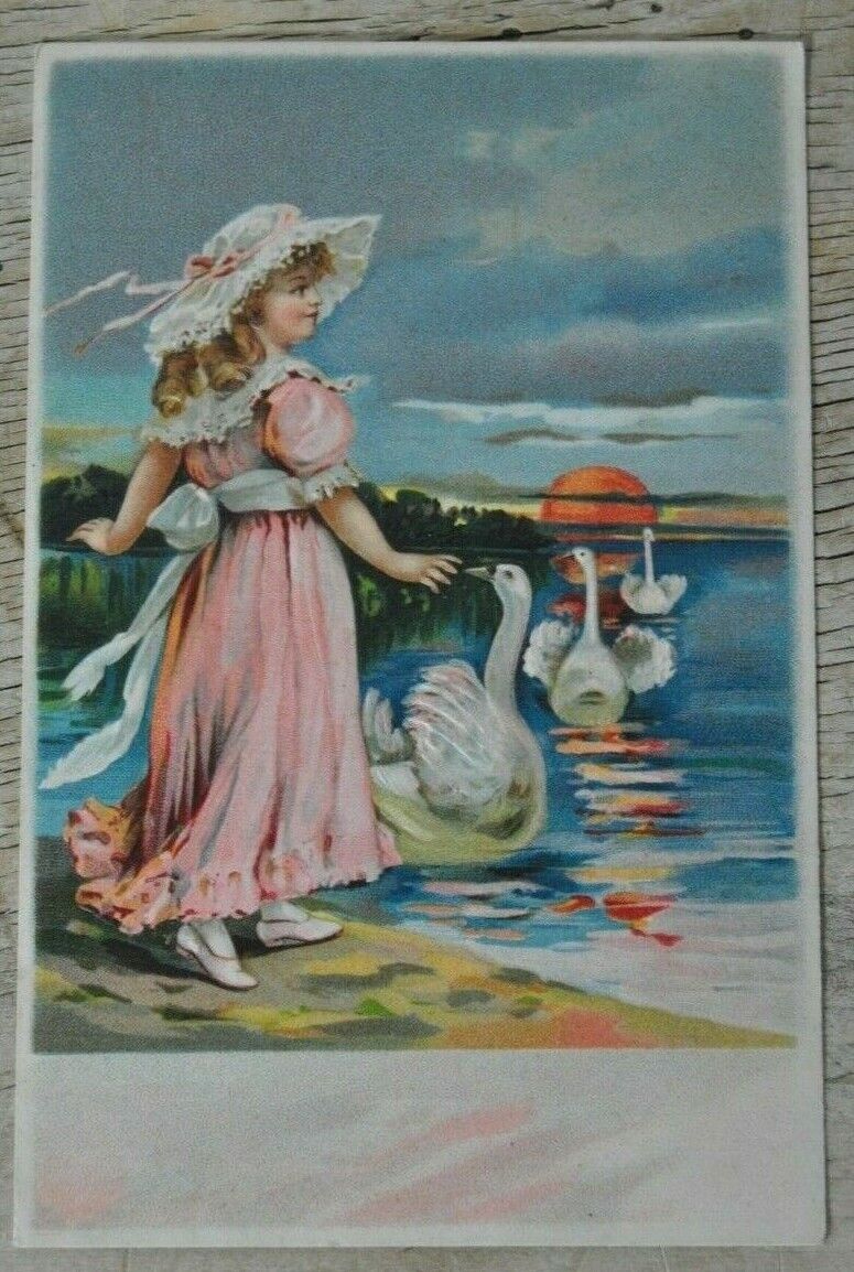 Victorian Postcard German Embossed Child by Lake with Swans Unused