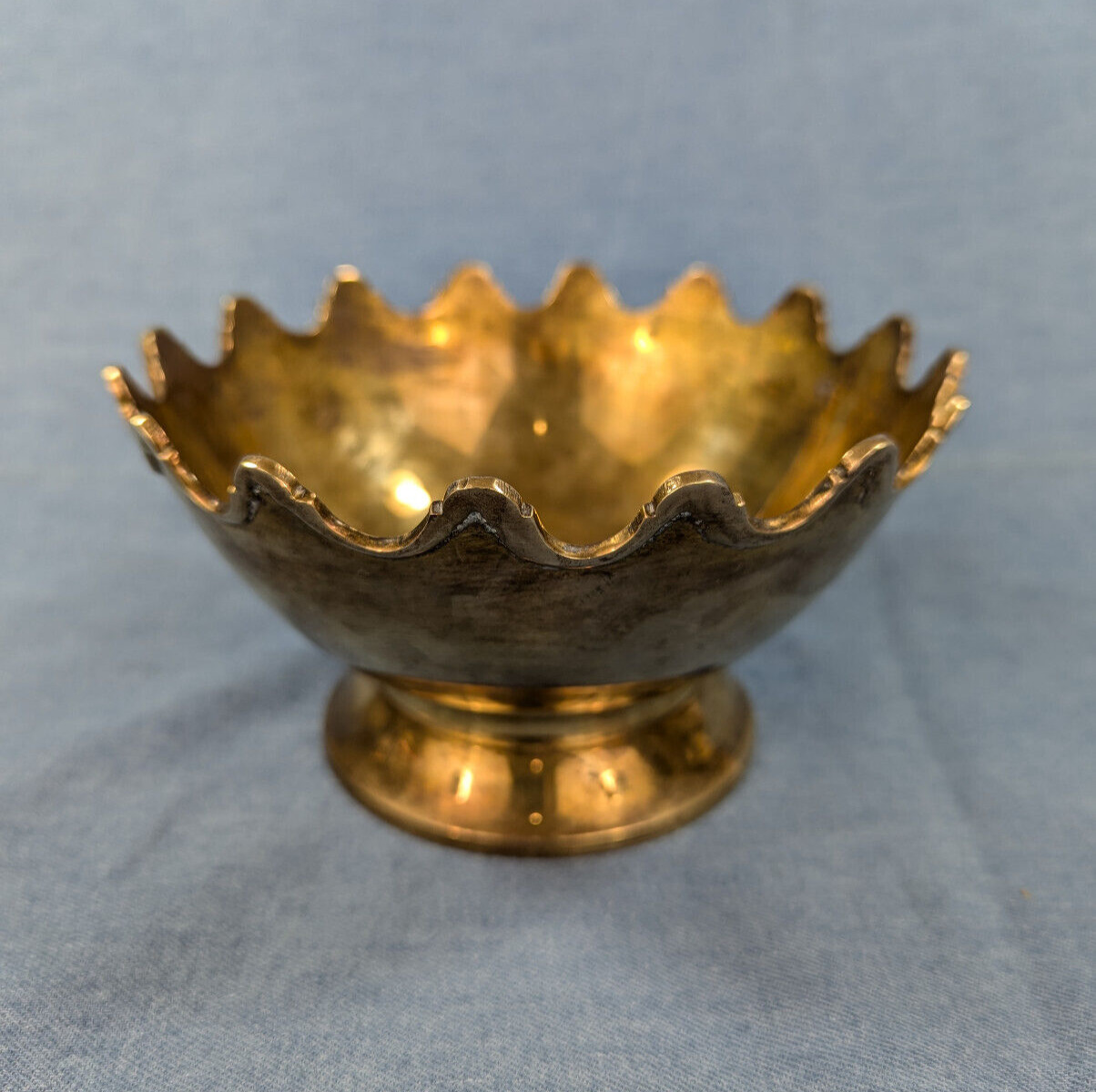 Vintage brass scalloped rim crown bowl, footed bowl/compote, est 1940-60s