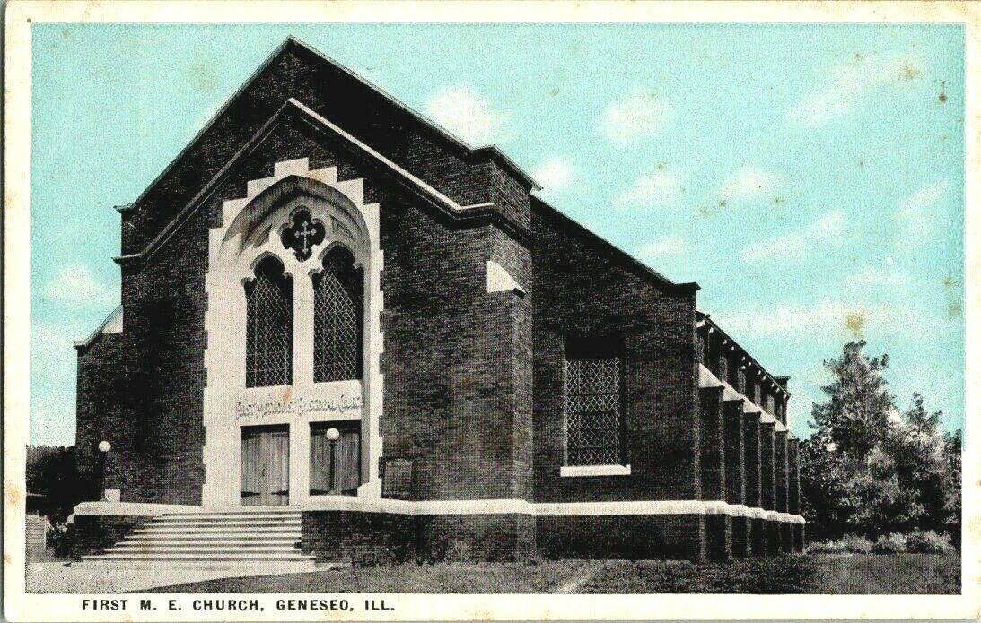 1918. FIRST M.E. CHURCH. GENESEO, ILL. POSTCARD t4