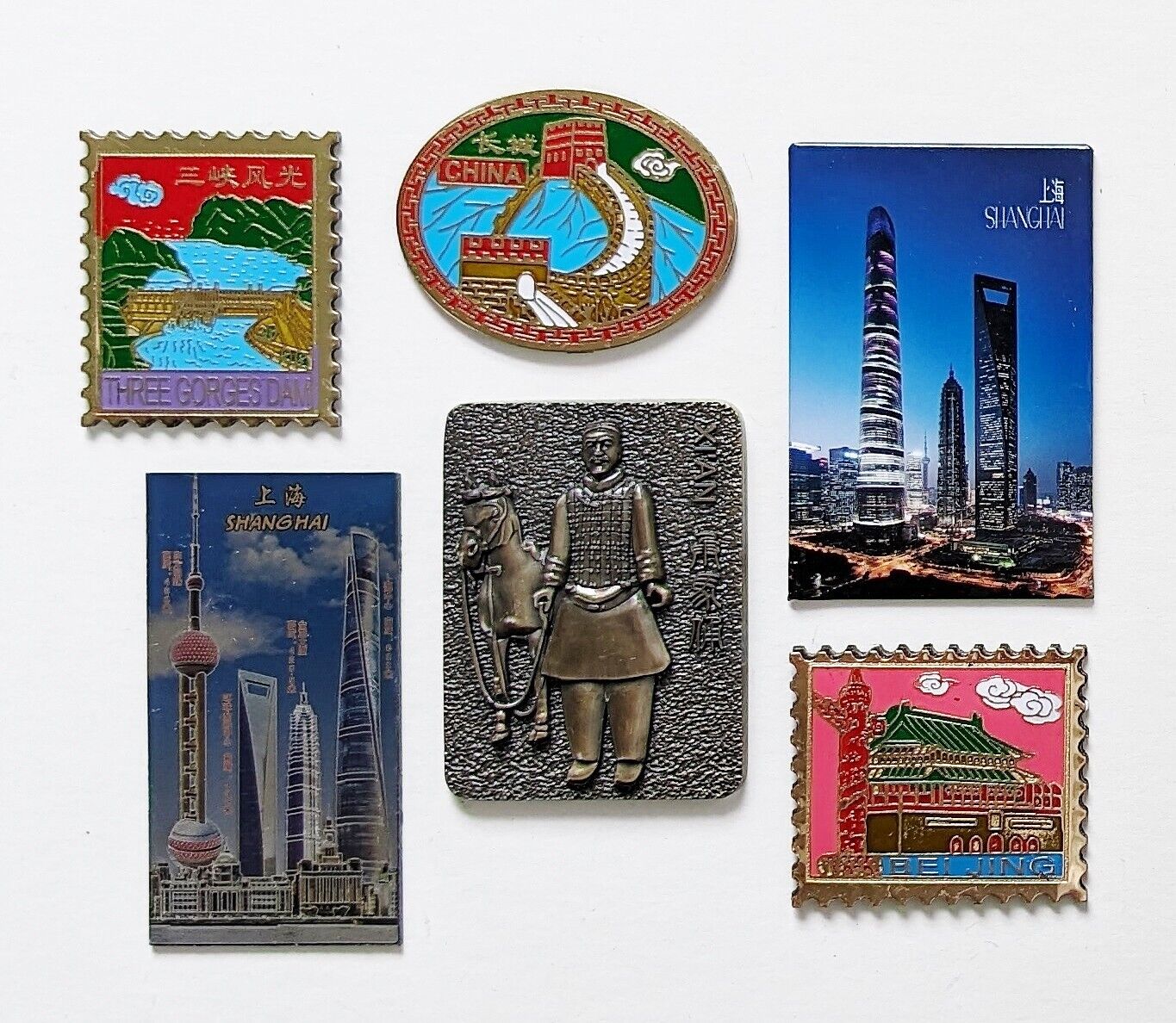 Lot of 6 Mostly Metal Souvenir Fridge Magnets from China Beijing Shanghai