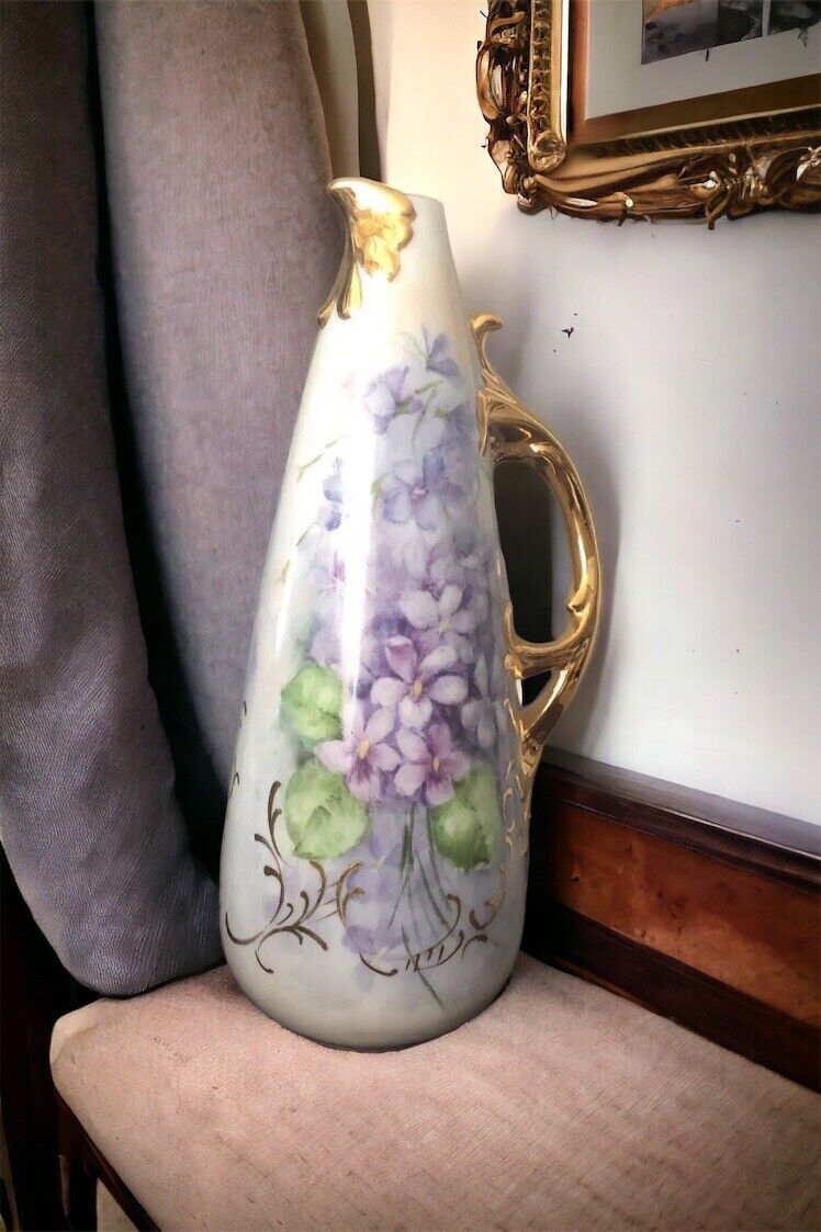 Gorgeous Antique Pitcher Hand Painted Violets 18 K  Heavy Gold Handle And Tip